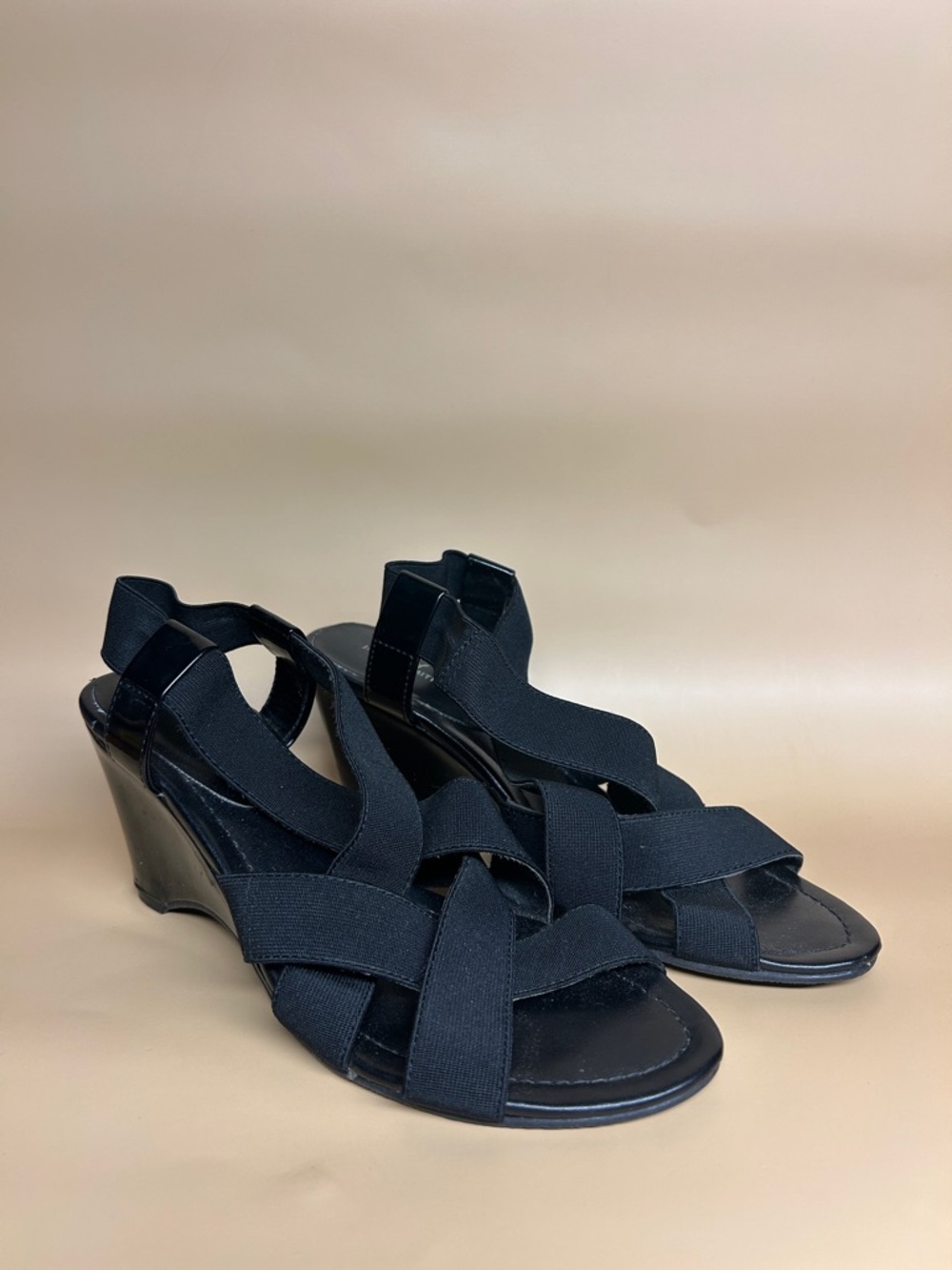 Jaclyn Smith Black Elastic Crisscross Wedge Sandals